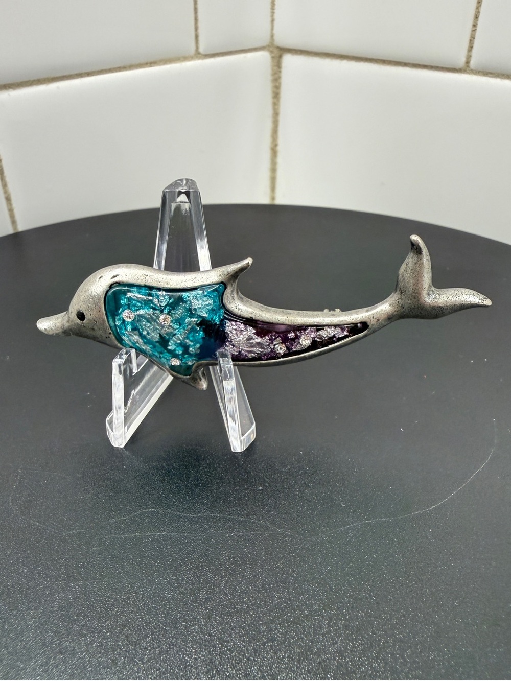 Dolphin Brooch Turquoise Purple Resin & Rhinestone Silver Tone Pin